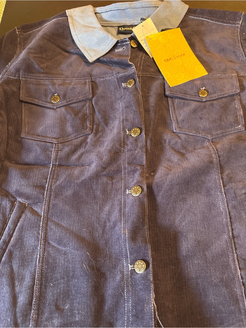 NWT Denim & Co. 3X Navy Corduroy Trucker Jacket Light Blue Fleece Collar QVC